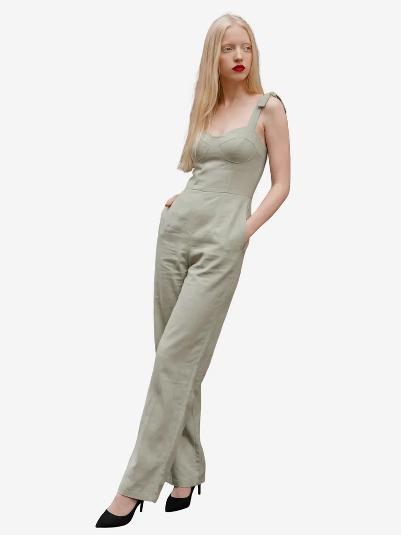 MY FASHION Sweetheart Neck Linen Blend Jumpsuit